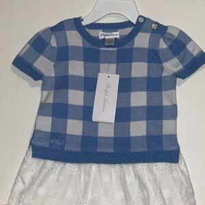 RALPH LAUREN BABY GIRL 100%COTTON KNIT GINHAM TOP EYELET SKIRT DRESS 9-12M NWT